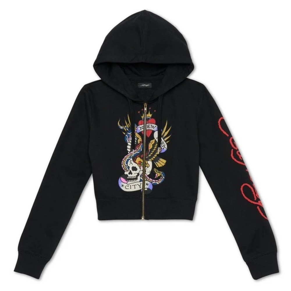 Ed Hardy NYC Skull Graphic Logo Zip Up Cropped Hoodie Jacket Black Size Small S